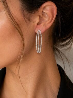 Elegant silver tone Hoop Earrings cubic zirconia double row